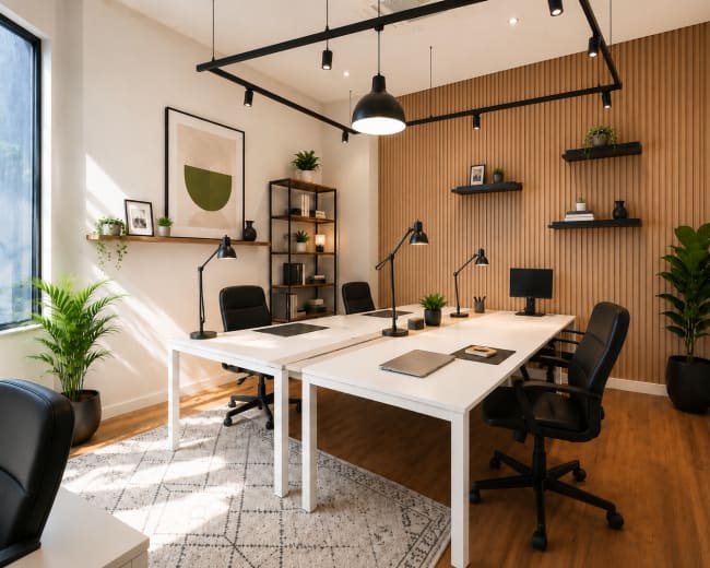 The image shows a modern office space with white desks, black chairs, and a wooden accent wall, featuring shelving and plants for decoration.