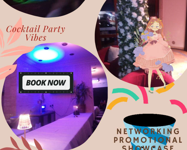 A lively cocktail party scene with vibrant lighting, decorative floral arrangements, and promotional text encouraging booking for a networking showcase.