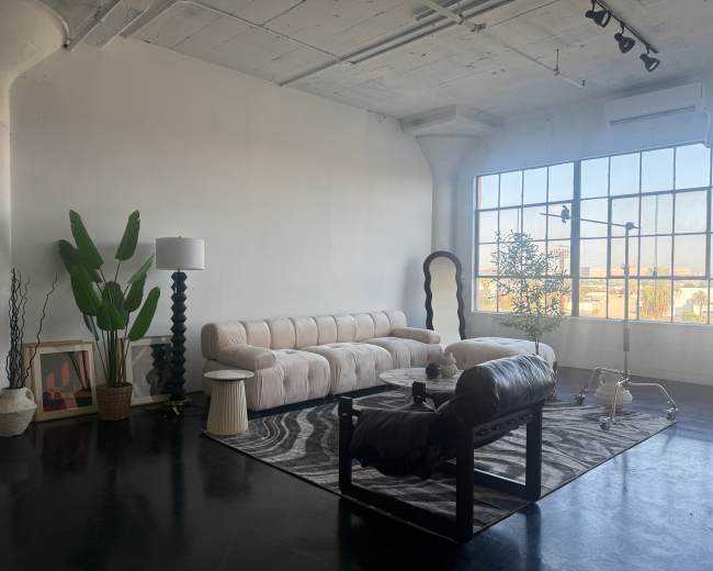 The image shows a modern interior living space with a large window, a beige couch, a black accent chair, a round coffee table, and decorative plants.