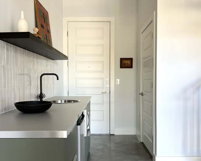 A modern kitchen with a minimalist design, featuring a countertop with a sink and a bowl, leading to an entrance door.