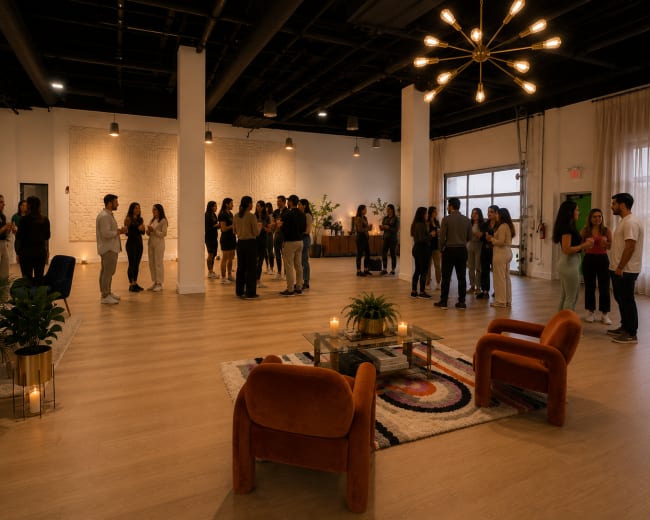A group of people are engaged in conversation inside a spacious, well-lit event venue featuring modern decor and a large area rug.