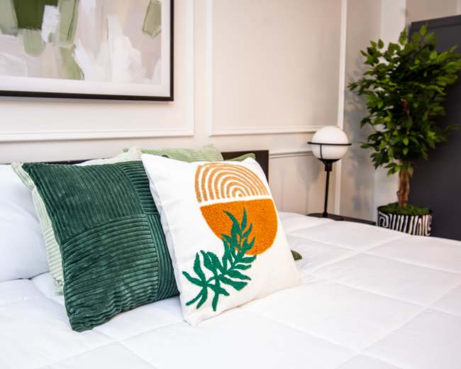 A bed with decorative pillows and a potted plant is arranged in a room featuring light-colored walls and framed artwork.