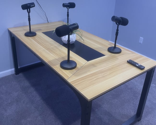 A modern table with four microphones and a plant centerpiece sits in front of a wall-mounted television.