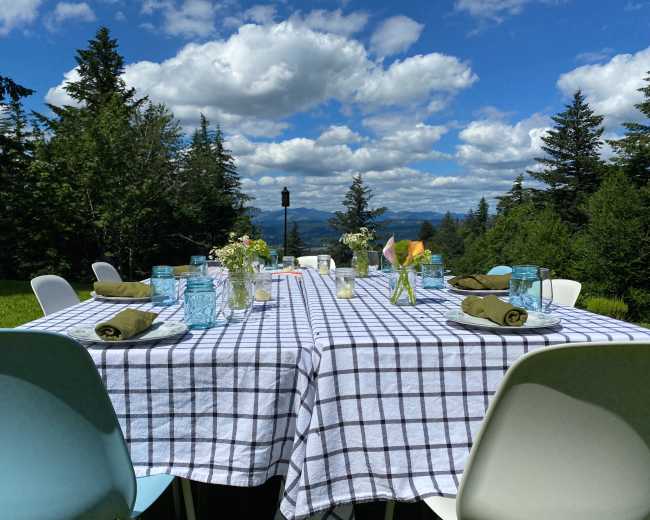 A long table is set with a checkered tablecloth in a forested outdoor setting, surrounded by trees and mountains under a partly cloudy sky.