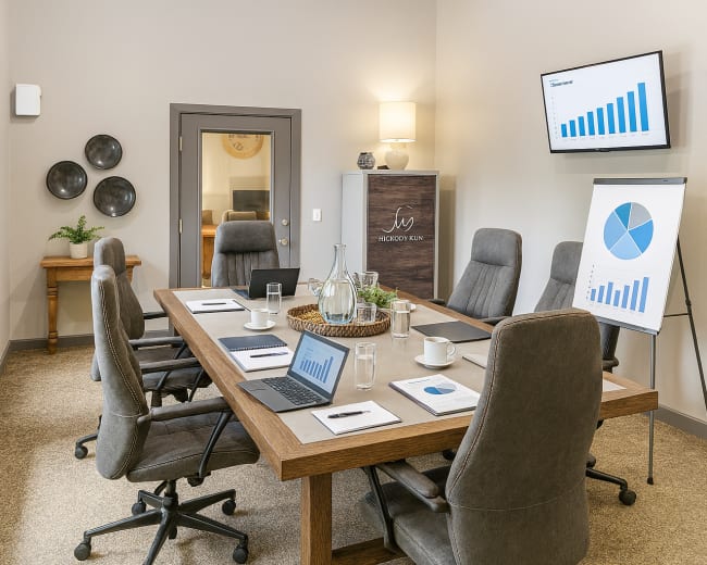 A modern conference room features a large table with ergonomic chairs, presentation materials, and digital displays on the walls.