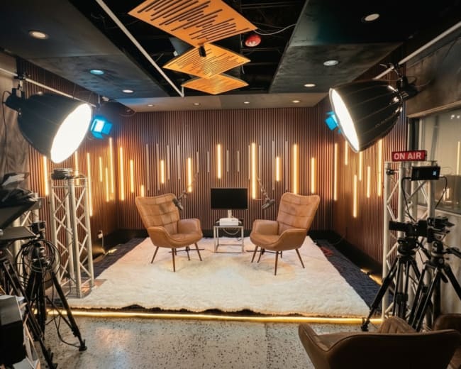 The image shows a modern studio setup with two brown chairs, a small table between them, and multiple lighting fixtures, all positioned against a wooden accent wall with illuminated vertical strips.