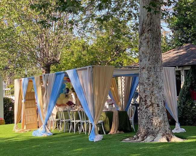 A tented outdoor setup with blue and tan drapes, featuring tables and chairs under a tree in a grassy area.