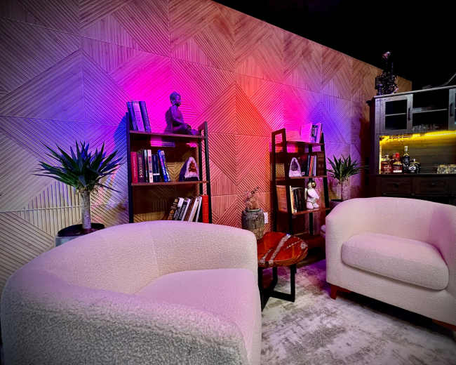 The image features a cozy interior space with two plush armchairs, a wooden geometric accent wall, bookshelves filled with books, decorative items, and a warm light ambiance.