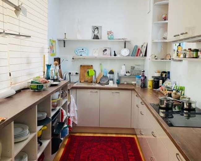 A compact kitchen features shelves filled with dishes, cooking utensils, and a red patterned rug on the floor, illuminated by natural light from a skylight.