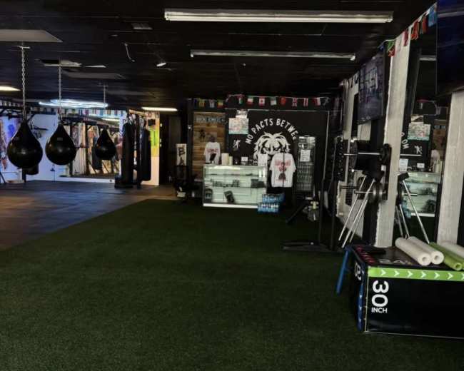 The image shows an indoor gym space with green turf flooring, boxing bags hanging from the ceiling, and various fitness equipment positioned along the walls.