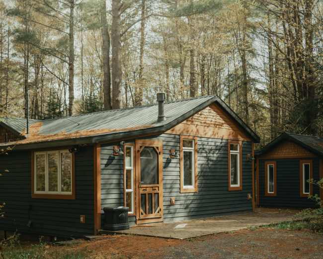 A dark-colored cabin nestled among tall trees in a wooded area.