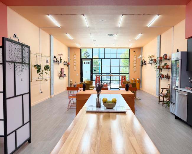 The image shows a bright, modern open space that features a kitchen area with wooden countertops, various plants on the walls, and colorful furniture.