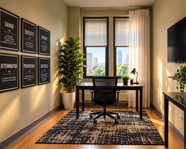 A minimalist home office features a desk with a chair, decor items, and motivational wall art, surrounded by large windows that offer a view of a city skyline and green trees outside.