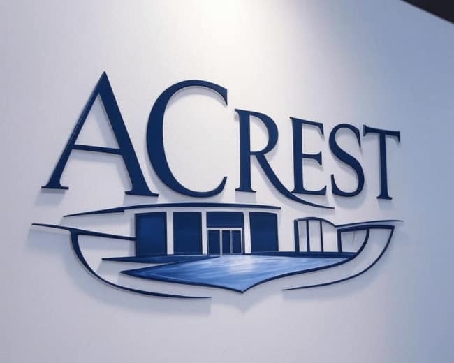 The image shows a 3D logo for "ACREST" displayed on a wall, with a sleek design featuring a building graphic.