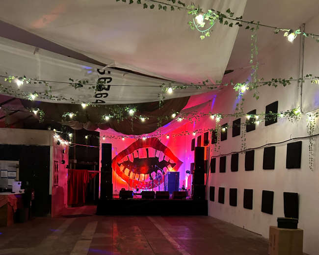 The image shows an indoor performance space with a stage illuminated by vibrant lights and decorated with hanging plants and banners.