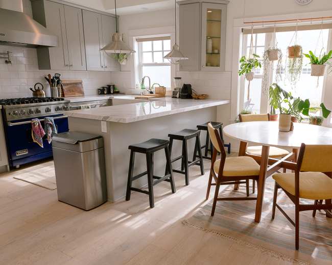 A modern kitchen features a central island with seating, a dining table with wooden chairs, plants hanging in the window, and stainless steel appliances.