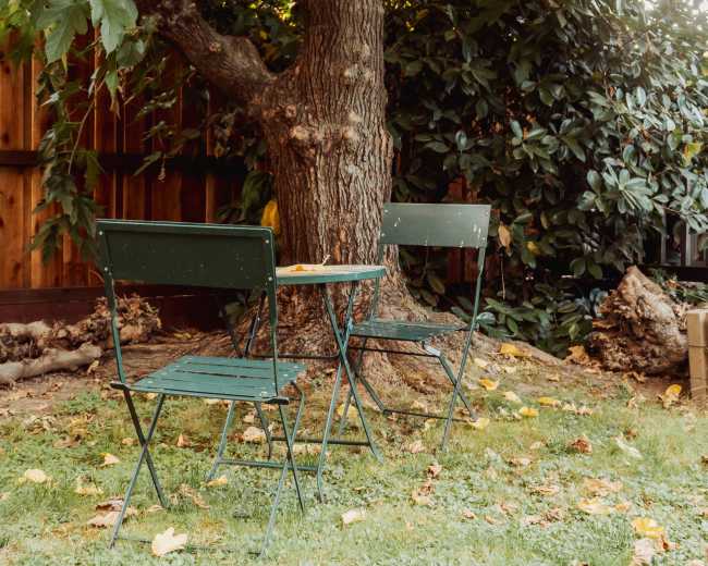 A small green metal table and two folding chairs are set up under a tree in a backyard, surrounded by fallen leaves.
