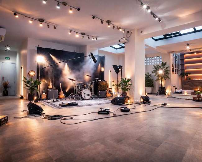 The image shows a spacious music studio set up for a performance, featuring a drum kit, guitars, amplifiers, and stage lighting, with potted plants and a modern interior design.