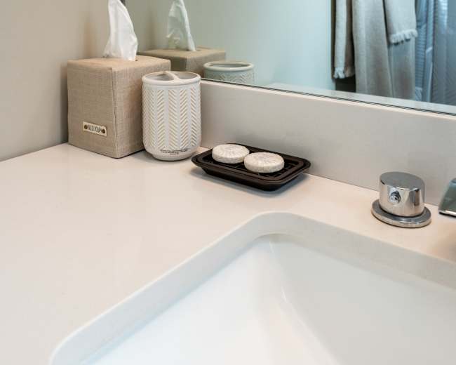 A bathroom countertop features a tissue box, a decorative container, and a plate with two soap bars near a sink.