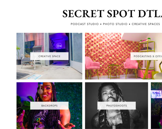 The image displays a promotional layout for "Secret Spot DTLA," featuring various spaces for podcasting, photoshoots, and events, along with vibrant backdrops.