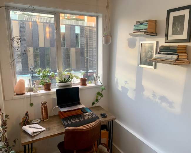 A small home office features a wooden desk with a laptop, surrounded by plants and books on shelves, illuminated by sunlight coming through a window.