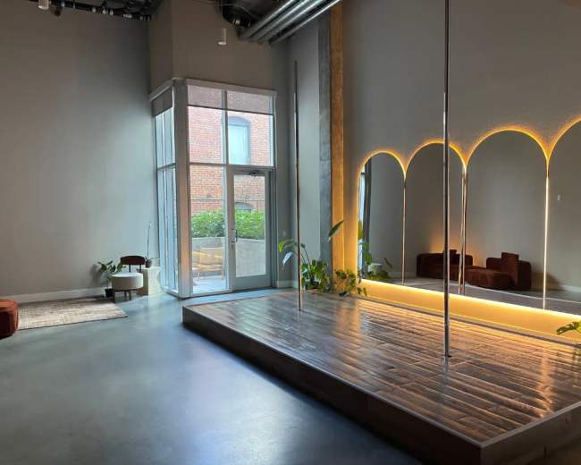 The image shows a modern dance studio featuring a wooden pole, soft lighting, and large windows with a view of green foliage outside.