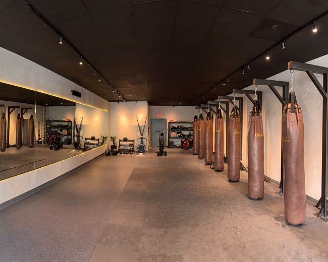The image shows a boxing gym featuring several punching bags lined up against the wall, with a large mirror reflecting the workout area.