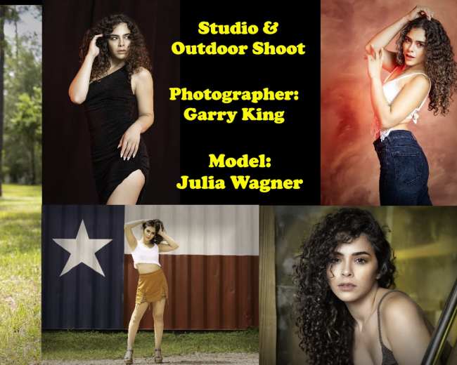 The image features a collage of photographs of a model named Julia Wagner, showcasing various poses in different settings, including studio and outdoor environments.