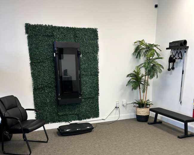 The image shows a minimalistic fitness space with a chair, a wall covered in greenery, a vertical mirror, a bench, and fitness equipment mounted on the wall.