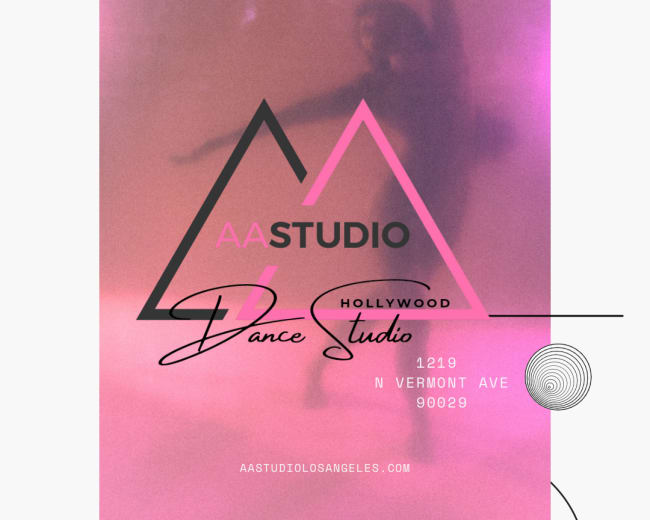 The image features a promotional poster for a dance studio, highlighting its new location in Hollywood at 1219 N Vermont Ave, with a stylized design that includes geometric shapes and a dance silhouette.
