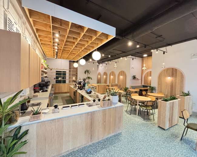 The image shows a modern café interior with light wood accents, circular lighting fixtures, and green plants throughout, featuring a coffee counter and several seating areas.