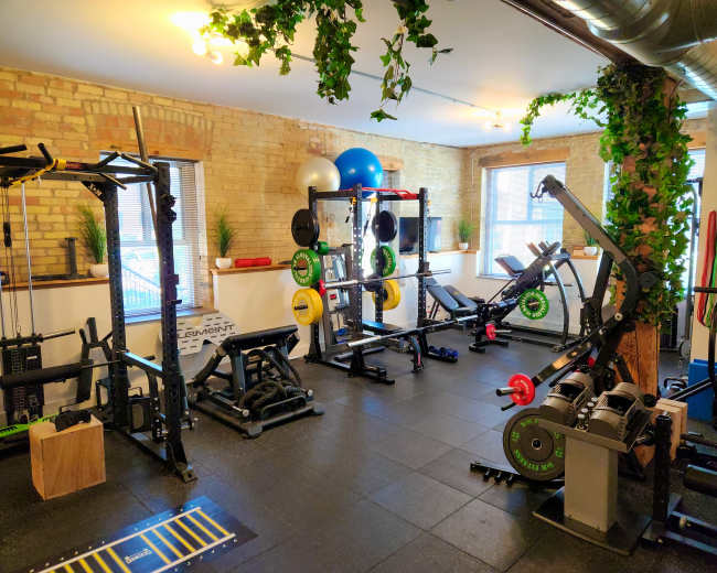The image shows a well-equipped home gym featuring various weightlifting and exercise equipment, with exposed brick walls and green plants for decoration.