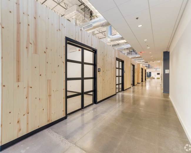 The image shows a modern hallway lined with wooden-paneled walls and several glass-fronted office doors.
