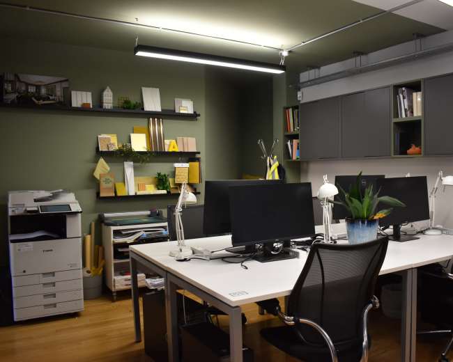 The image shows a modern office space featuring two workstations with monitors, an indoor plant, and shelves filled with books and materials.