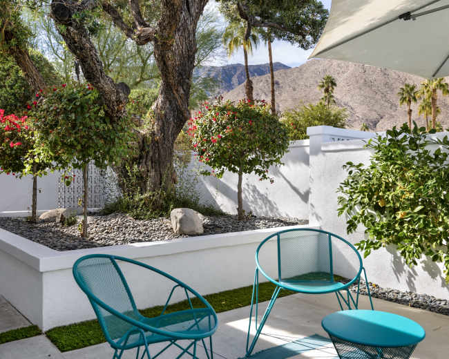 A patio area features two turquoise chairs facing a landscaped garden with artificial grass, ornamental plants, and a mountain backdrop.