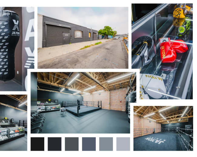 The image showcases a boxing gym featuring a boxing ring, punching bags, and various boxing equipment displayed in cases within a modern, industrial space.