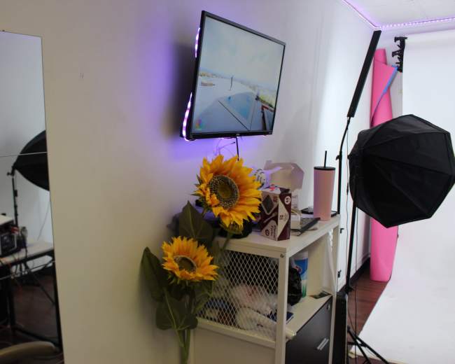 The image shows a room setup featuring a wall-mounted television, a large mirror, a vase of sunflowers, and a photography light stand.