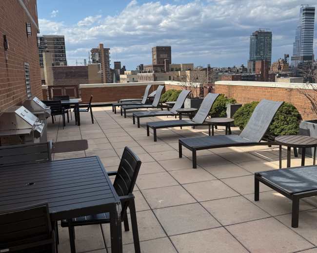 The image shows a rooftop terrace with lounge chairs, tables, and a barbecue area, overlooking a city skyline under a partly cloudy sky.