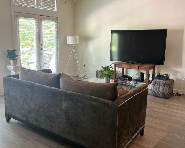 A living room features a dark couch, a television on a wooden stand, and a floor lamp, with large windows letting in natural light.
