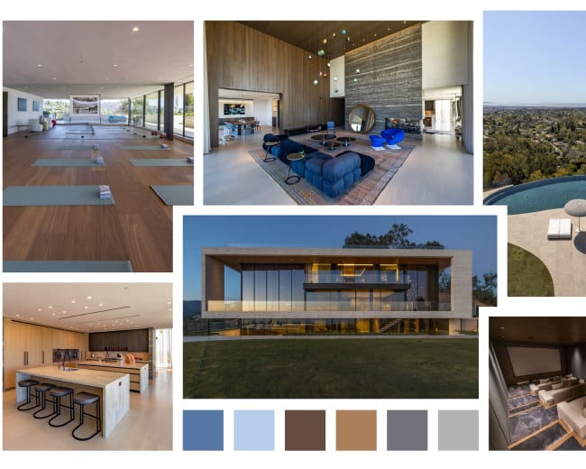 The image showcases a modern home featuring spacious interiors, including a yoga studio, entertainment room, and an outdoor pool area with a scenic view.