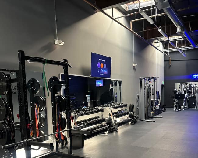 The image shows a modern gym interior equipped with various exercise machines, free weights, and a large wall-mounted display.