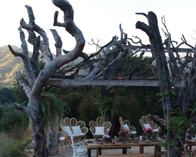 A rustic outdoor setting features a wooden dining table surrounded by unique chairs under a trellis of bare branches, with mountains in the background.