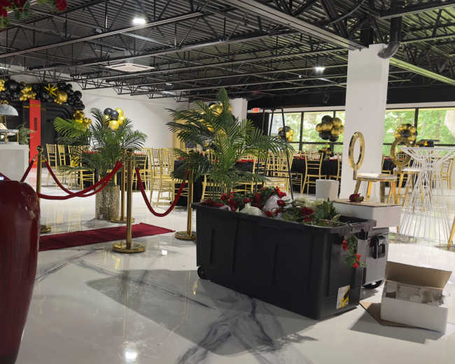 The image shows a decorated event space featuring chairs, tables, potted plants, and a red carpet with a barrier, alongside black containers and a large ornamental vase.