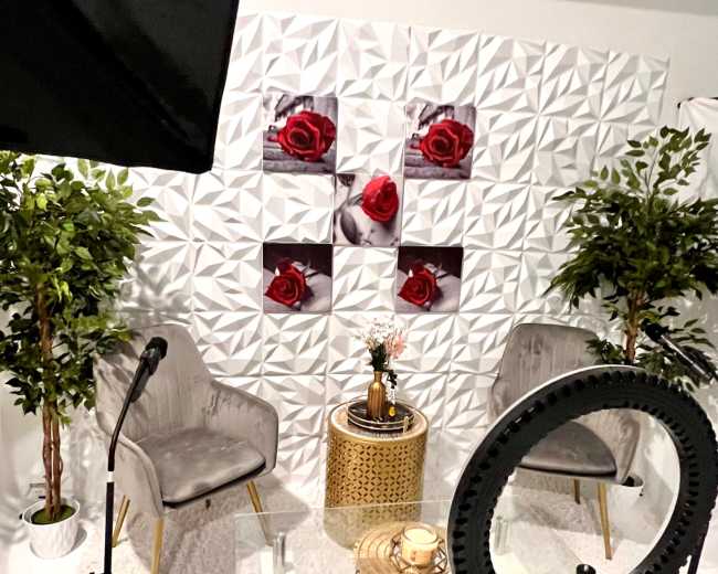 The image shows a modern interior setup featuring two gray chairs, a glass coffee table with decorative items, and a backdrop adorned with white geometric panels and pictures of red roses.
