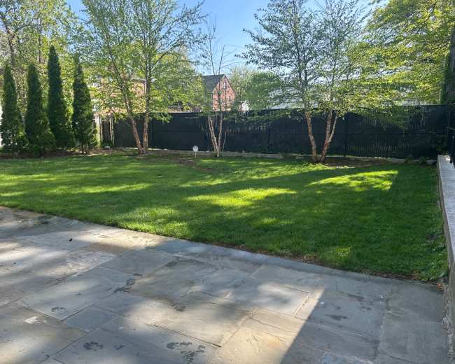 The image shows a grassy yard surrounded by trees and a black fence, with a stone patio in the foreground.