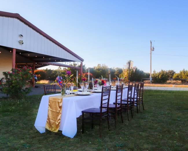 A long dining table is set outdoors, decorated with flowers and tableware, in front of a building and surrounded by open grass and trees.