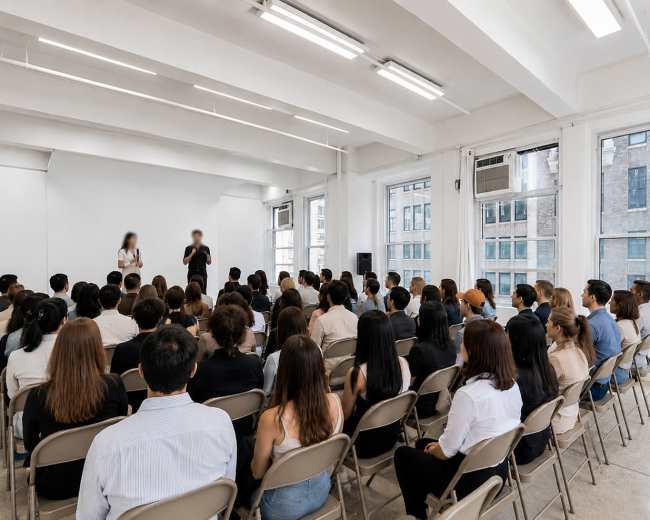 A large audience sits in a bright, modern room facing two speakers at the front.