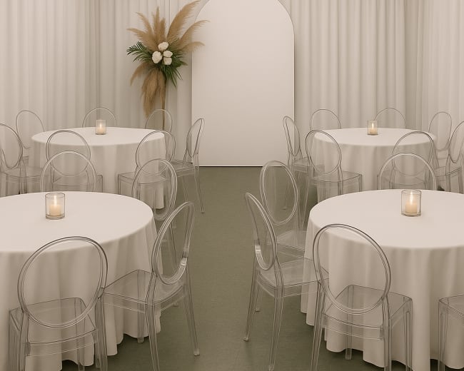 A minimalist event space features round tables with white tablecloths and clear chairs, illuminated by candlelight, set against a backdrop of a white arch and greenery.