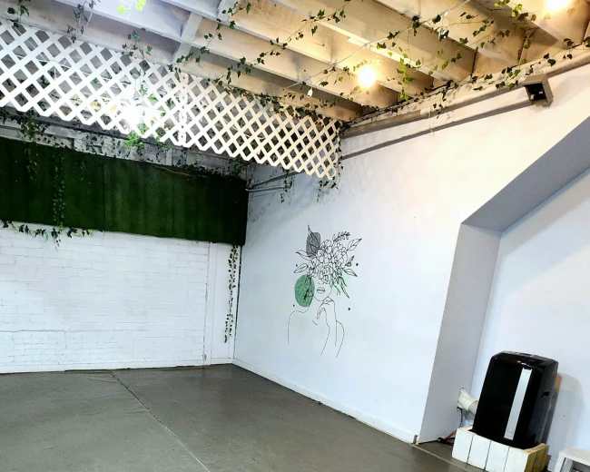 An indoor space features a concrete floor, a green wall with hanging plants, and a minimalist mural on a white wall.