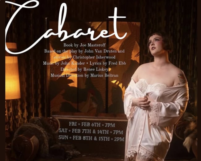 The image features a performer in theatrical attire, striking a pose on stage with dramatic lighting, advertising a production of "Cabaret" with details about the show.